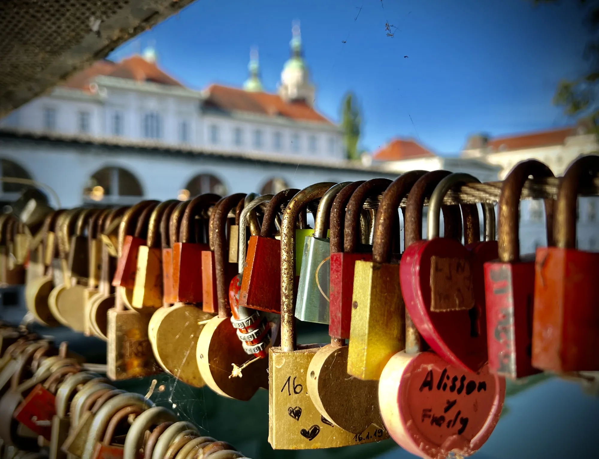 Love padlocks covering the railing of Ljubljana's Butchers' Bridge (Mesarski most), with the cathedral domes behind