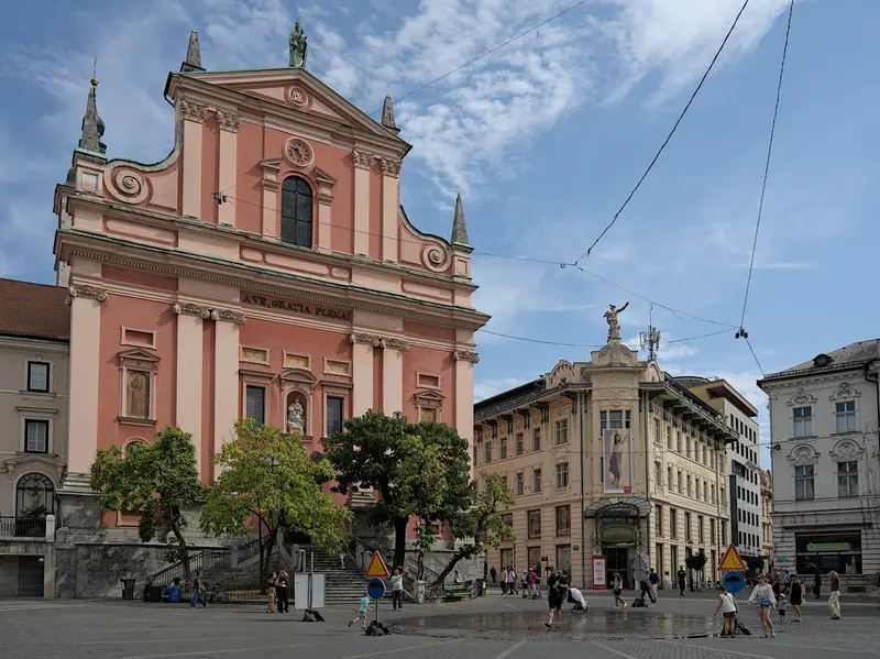 Prešeren Square in Ljubljana with its landmark clock tower and monument