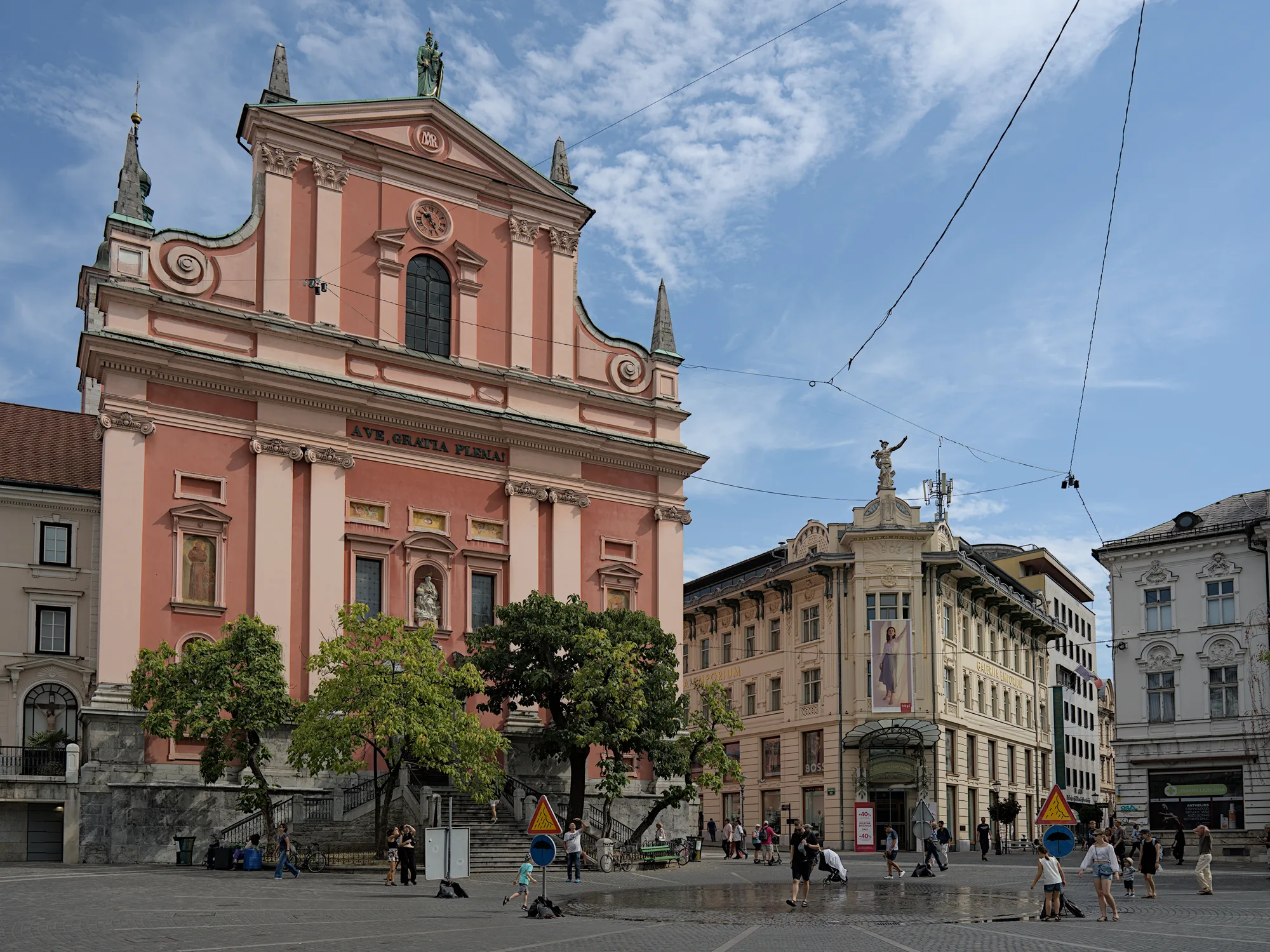 Prešeren Square in Ljubljana with the rose-pink Franciscan Church of the Annunciation