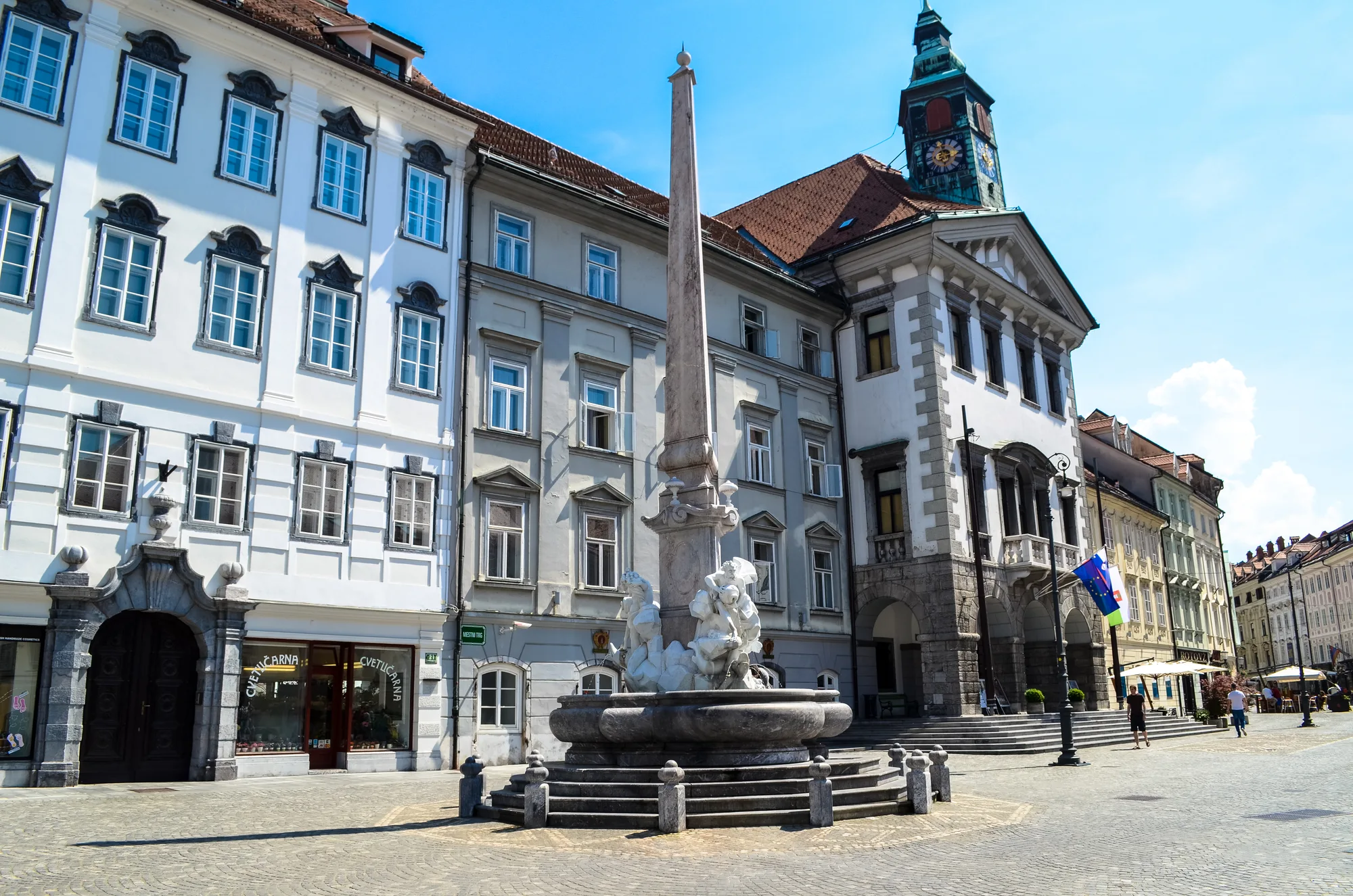 The Robba Fountain on Mestni trg in front of Ljubljana's Town Hall and its clock tower